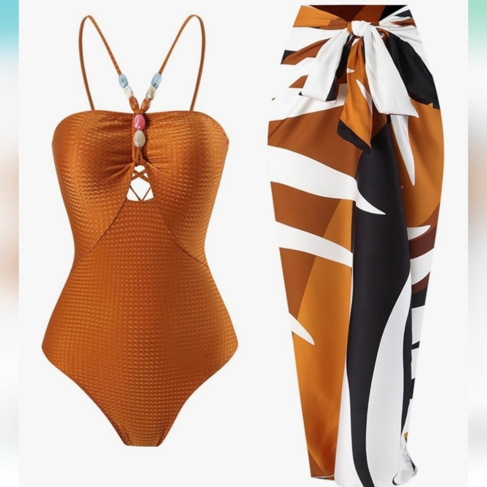 SP ESCRIY Womens One-Piece Swimsuit With Cover Up Wrap Skirt NWT Size M
